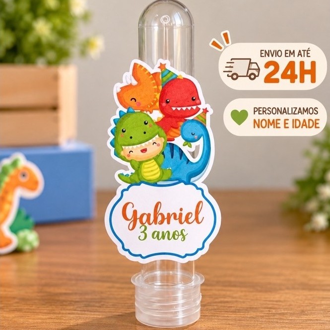 Aplique Dinossauro Baby Personalizado para Tubete Topper Dino Cute Festa Infantil e Lembrancinhas 10, 20, 30, 40, 50 un