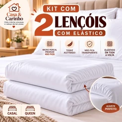Kit 2 Lençol Elastico Casal Queen Micropercal 400 Fios Branco Elástico em Toda Volta kit com 1 e 2