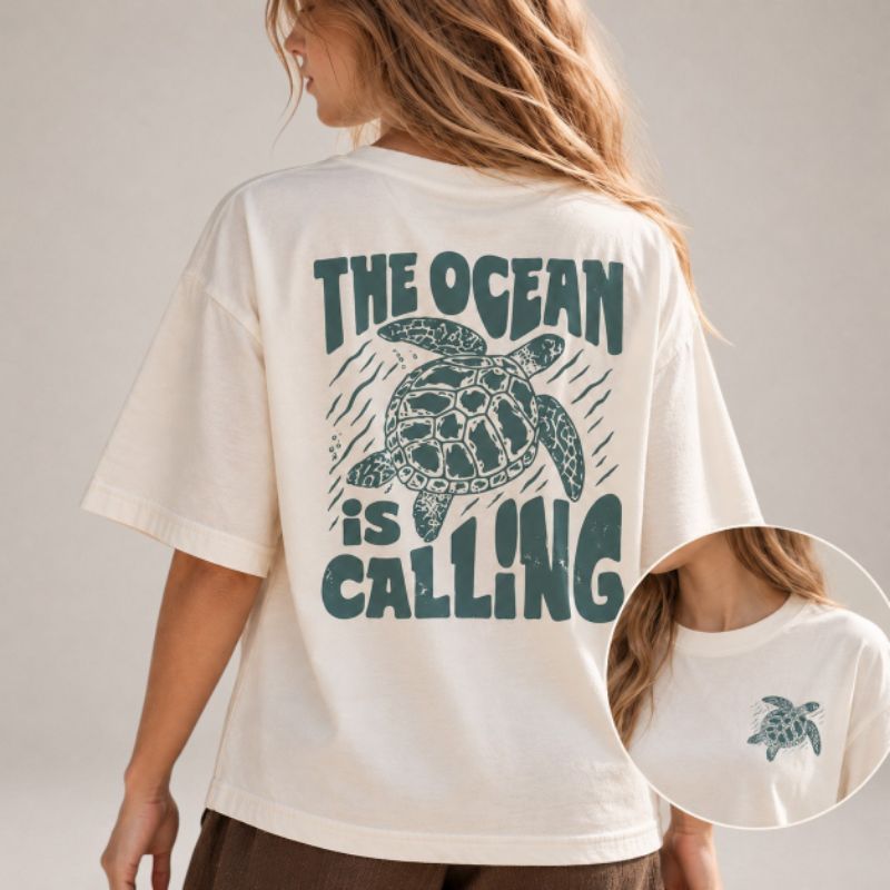 Camiseta Oversized Feminina Off White Estampada Tartaruga Tubarão Ocean 100% Algodão Tendencia
