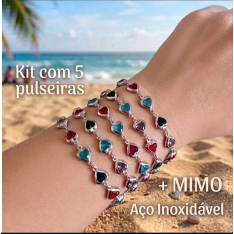 kit 5 Pulseira feminina AÇO INOX NÃO OXIDA (Coração Colorido)
