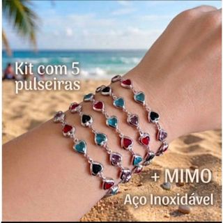 kit 5 Pulseira feminina AÇO INOX NÃO OXIDA (Coração Colorido)