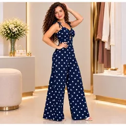 Macacão Longo Poá Pantalona Juvenil Glendha Festa Eventos Casual Moderno Versátil Premium