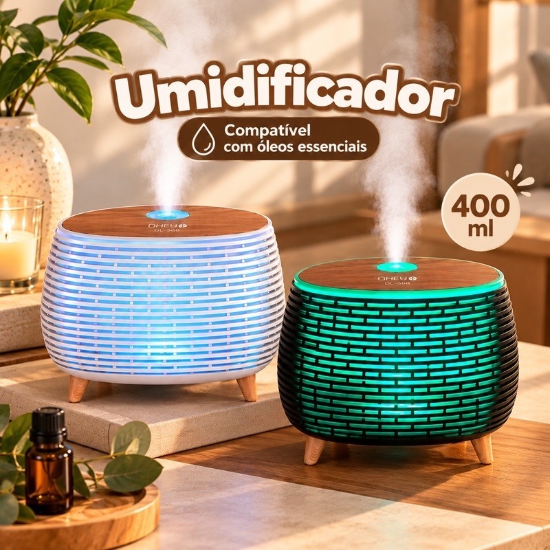 Umidificador Difusor de Aroma 400ml Compatível com Óleos Essenciais LED Colorido / Aromatizador