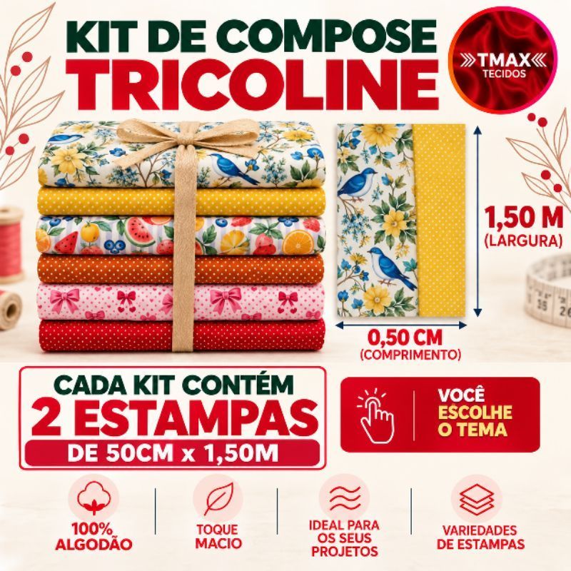 KIT TRICOLINE ALGODÃO COMPOSÊ - 2 CORTES DE 0,50CM x 1,50M