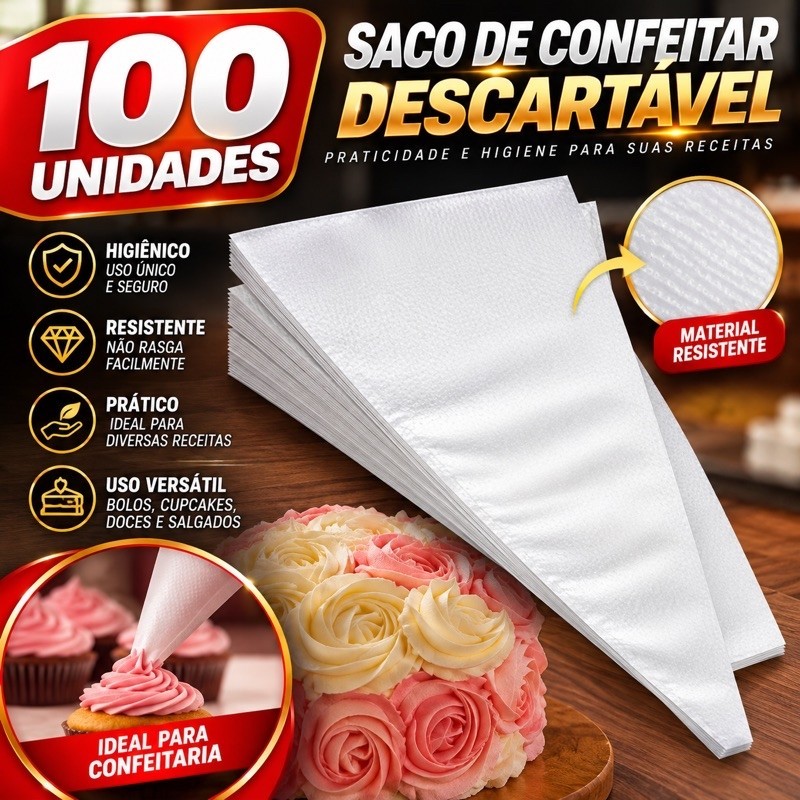 Saco De Confeitar Medio 100 Unidades Confeitaria Bolo Doce Cupcake