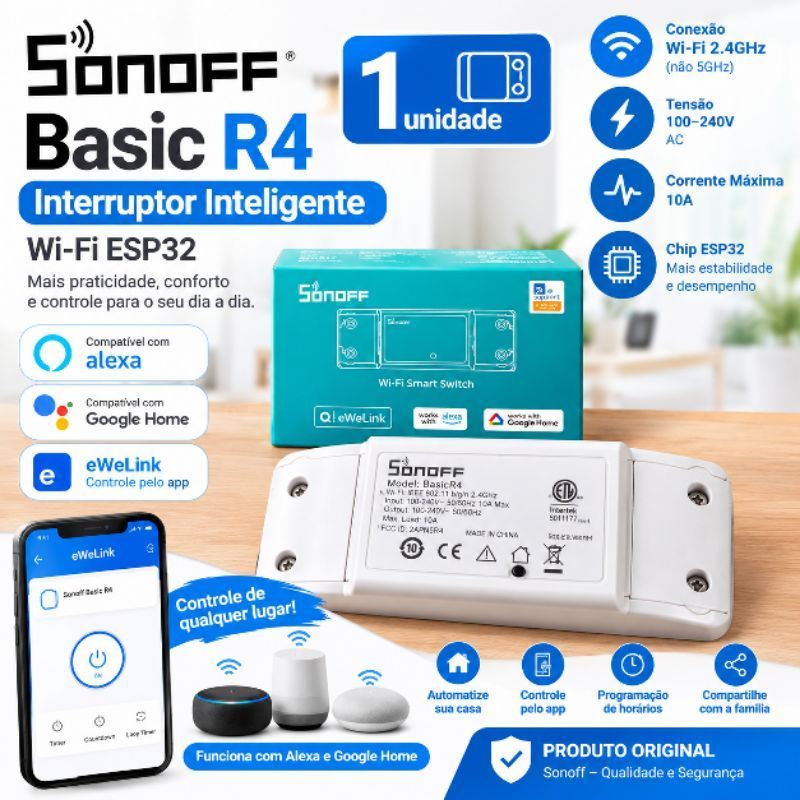 Interruptor Inteligente Sonoff Basic R4 WiFi ESP32 — Alexa Google Home — Automação Residencial 110V/220V