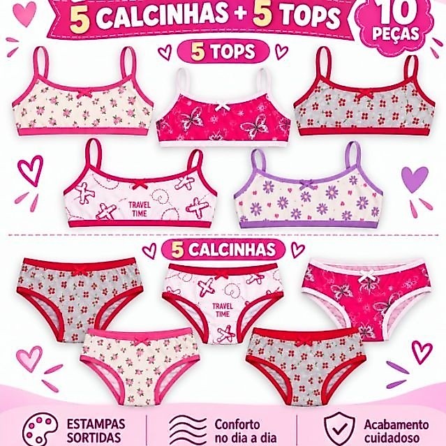 kit com 5 calcinhas e 5 tops infantis feminino forro 100% algodão . Confortável tecido Suede estampas variadas