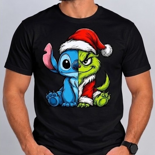 Camiseta Unissex Natalina Personagens Azul e Verde Estampada Manga Curta Masculina Feminina P ao GG