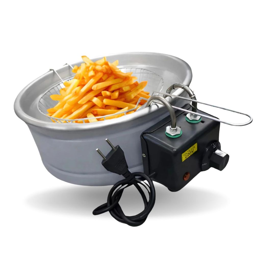 Fritadeira Elétrica Industrial 5L Inox Tacho Redonda Batata Pastel Termostato Desligamento Automático