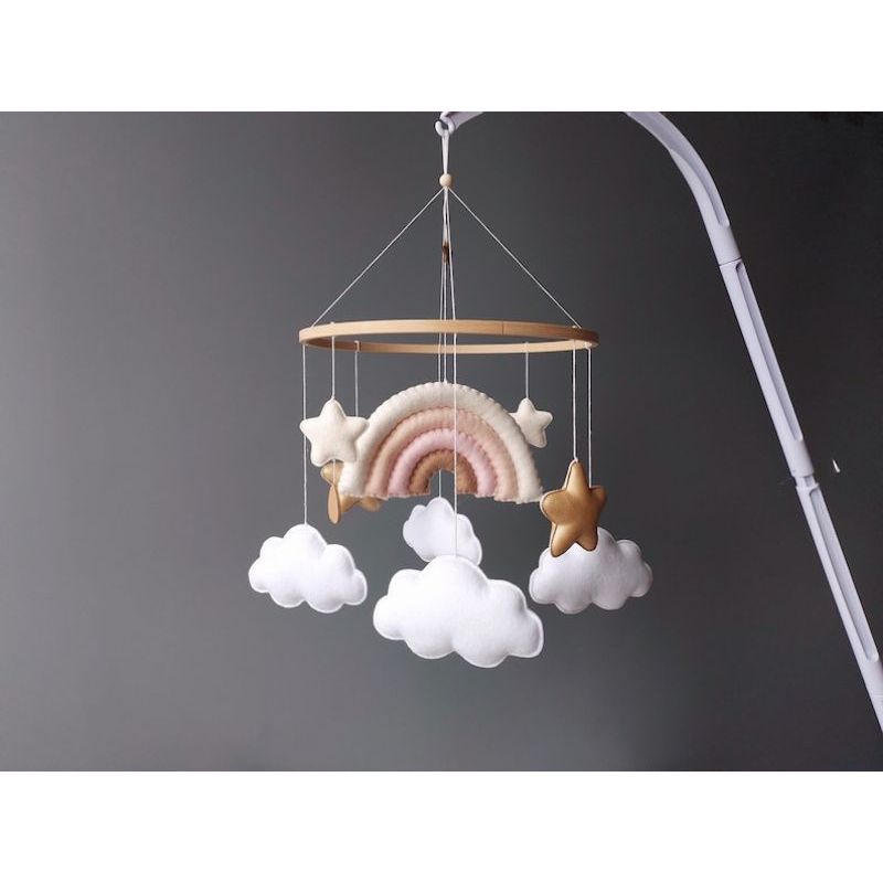 Móbile Berço Enfeite Quarto Bebê Minimalista Decorativo Presente Chá De Bebê Arco-Íris Mágico Estrelas Douradas