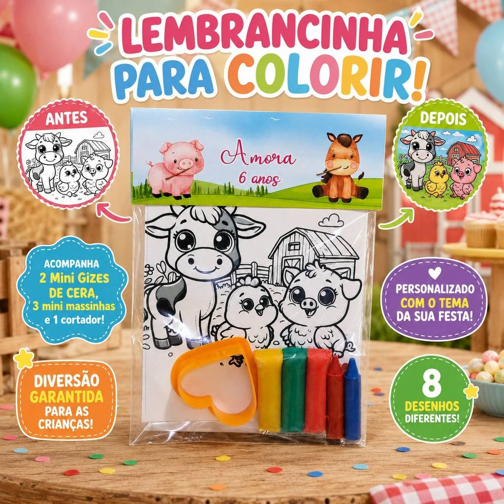 Kit Para Colorir Premium Fazendinha Personalizado para Festa Infantil + Kit Massinha + Giz, Lembrancinha Criativa