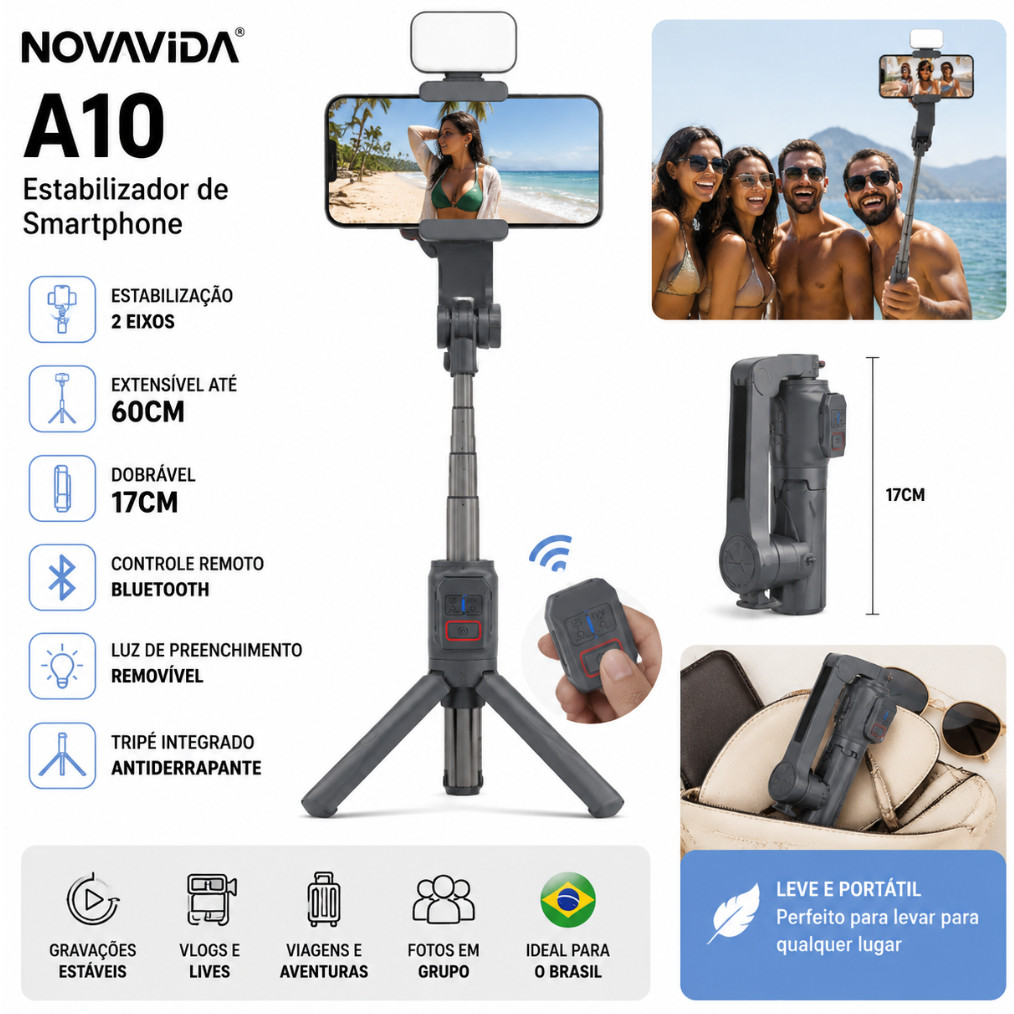 Gimbal Estabilizador De Celular Removível Flexível Com Luz Led Tripe E Controle Novavida A10