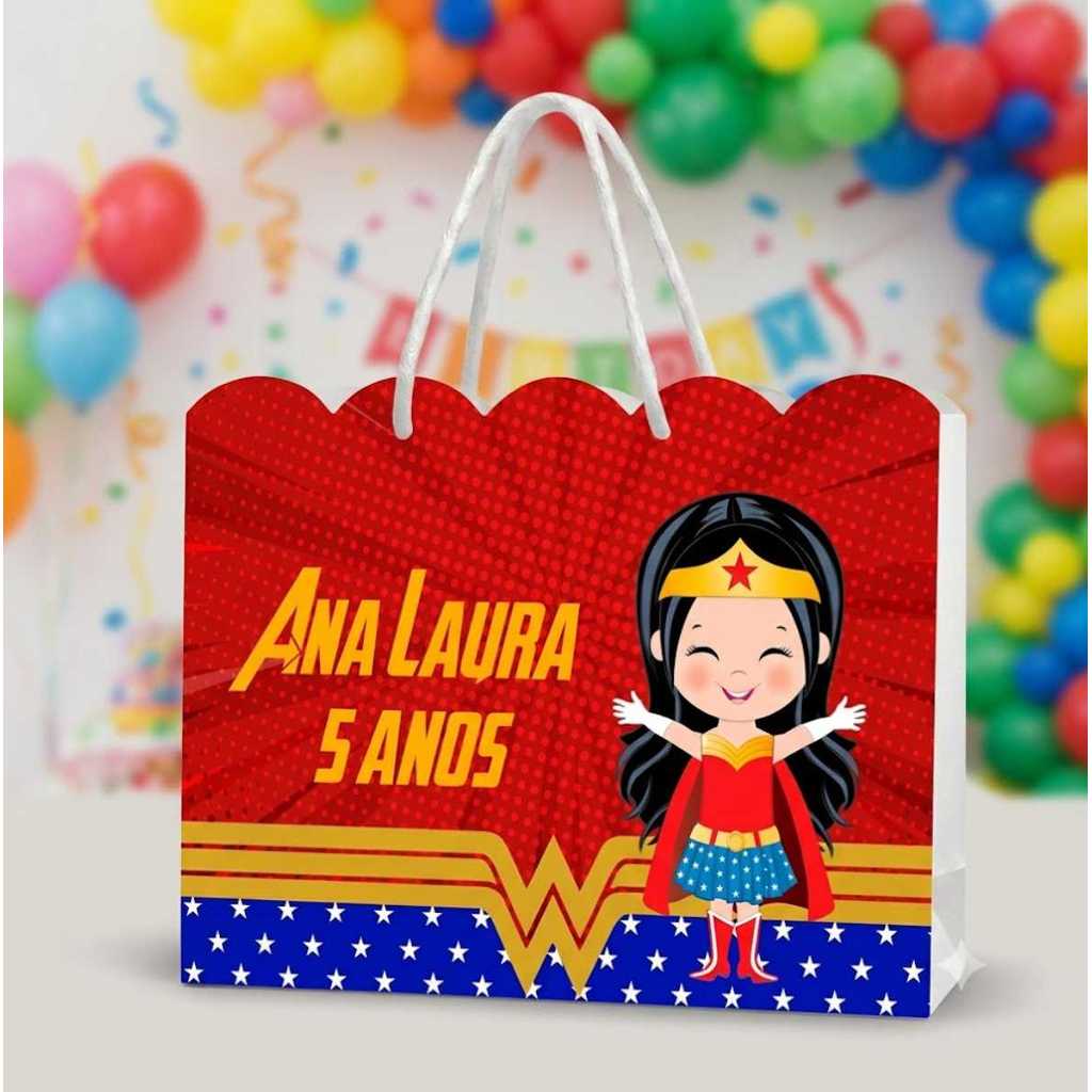 Sacolinhas Ondulada Personalizadas Festa Mulher Maravilha Baby  (20x15x5cm) Lembrancinha Kit Festa PEGUE E MONTE