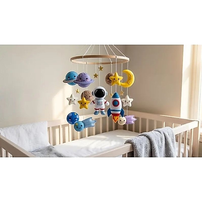 Móbile Espacial em Feltro para Berço - Astronauta, Foguete, Planetas e Estrelas - Decoração Quarto de Bebê