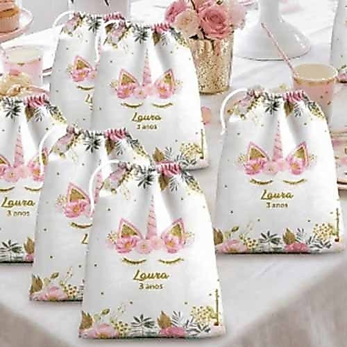 10 sacolinhas personalizada tecido UNICORNIO  para lembrancinhas de festa de aniversario 30cmx20cm