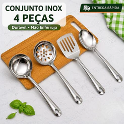 Kit Inox Elegante 4 Peças, Colher de Arroz, Concha, Escumadeira, Espátula Vazada, Utensílios Cozinha