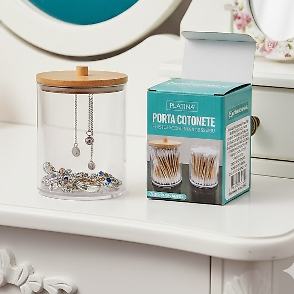 Organizador Porta Algodão Pote de Acrílico com Tampa de Bambu Ideal para Cotonetes e Algodão