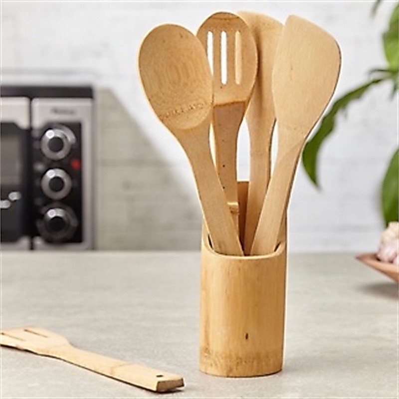 Kit Colher De Pau Utensílios Em Bambu 5 (4 talheres + suporte) Peças Anti Fungos Casa Cozinha Colheres