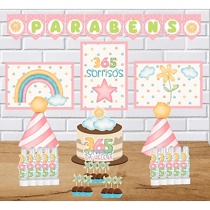 Kit Festa Personalizado Só um Bolinho 365 Sorrisos Rosa Mesversário Aniversário infantil