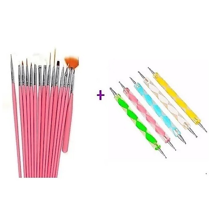 Kit Unhas 15 Pinceis + 10 Boleadores Decoração De Unhas Nail Art