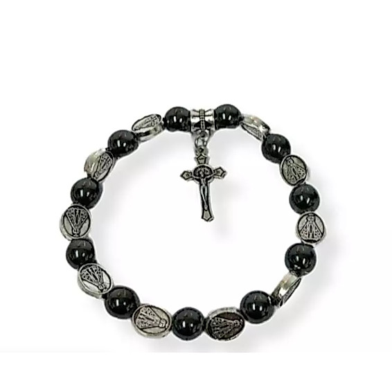 Pulseira Hematita Esferas 6mm Nossa Senhora Aparecida Cruz