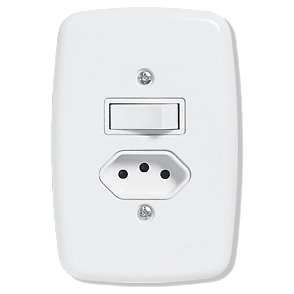 Interruptor Ideale Pluzie 1 Tecla Simples + 1 Tomada 2P+T - 10A com Placa 4X2 Branca