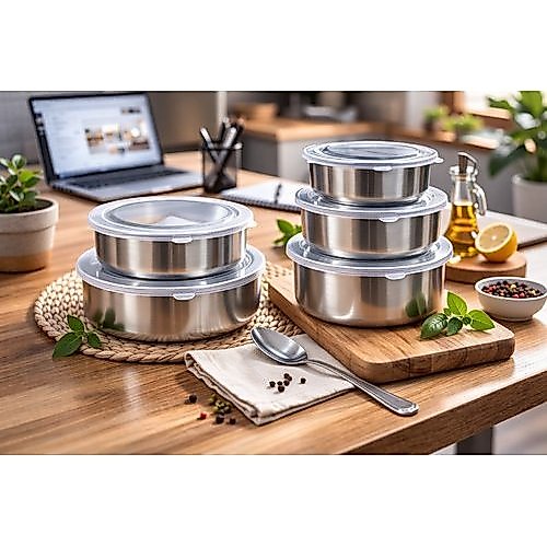 Kit 5 Potes Herméticos Inox com Tampa Vedação Total | Organizadores de Cozinha, Marmita e Geladeira Premium