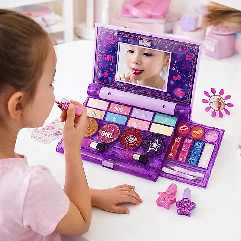 Kit Maleta Estojo de Maquiagem Infantil Completo Espelho Portatil Batom Sombra Unha Postiça Esmalte Gloss Brilho Labial