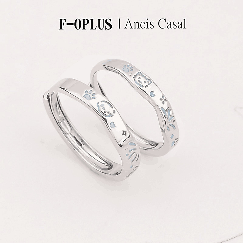 F-OPLUS|Gatos e Cães Par aliança de namoro Adjustable anel aliança de casamento com caixa presente CRC231