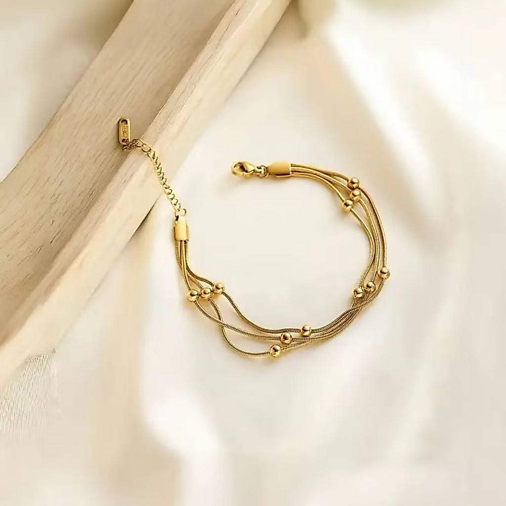 Pulseira Bolinha Feminina 3 em 1 Aço Inoxidável Dourada/Prateada 19 cm Lindo Modelo