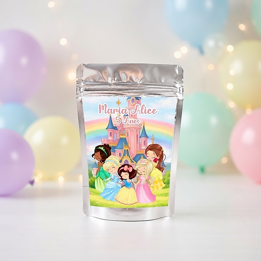 Saquinho Metalizado Ziplock As Princesas Cute Personalizado | Lembrancinha de Festa | Aniversário