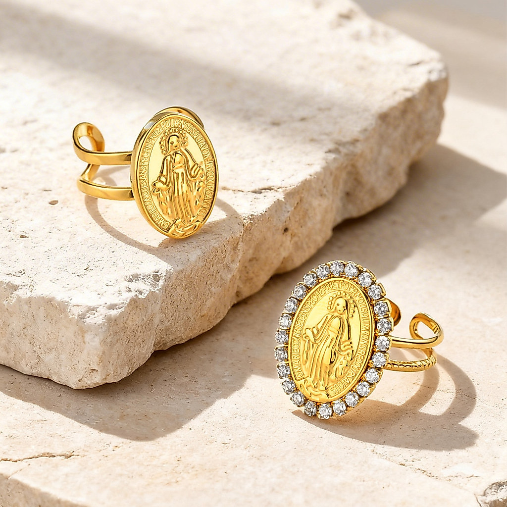 Anel Oval Da Virgem Maria Com Zircônia Vnox Para Mulheres E Meninas, Anéis Abertos De Fé Cristã Em Aço Inoxidável Ouro · foto 2