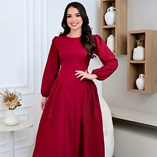 Vestido Midi Feminino Alfaiataria Twill Manga Bufante Elegante Zíper Invisível Costas - ES - VES - 118