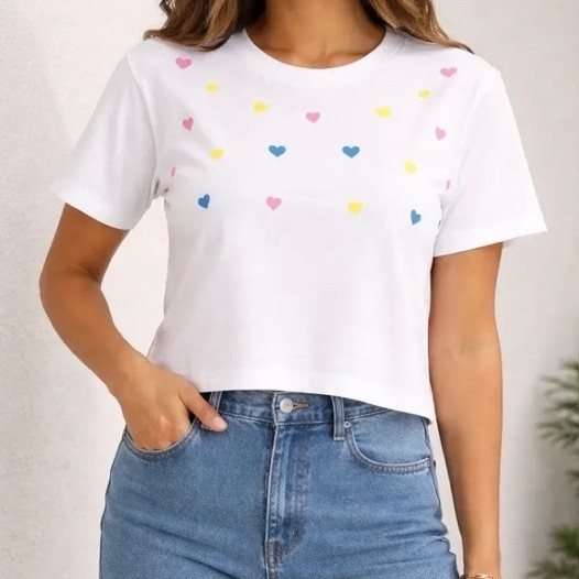 Camiseta Feminina Cropped Branca com Estampa de Corações Coloridos Manga Curta Casual Confortável