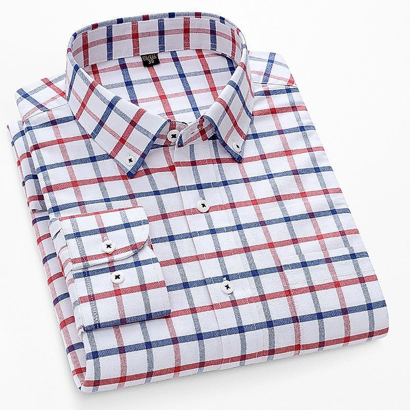 Camisa Social Masculina Casual de Manga Longa 100% Algodão Oxford Xadrez Corte Regular 0841 8863