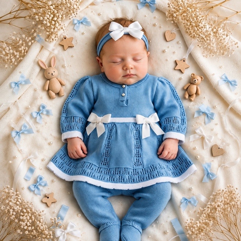 Conjunto Vestido Listrado duas cores em Rendas, Laços com abertura frontal e Botões de Pérola,com Calça recém nascido RN