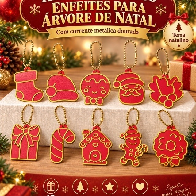 Kit 10 Enfeites Natalinos 3D para Árvore de Natal com Corrente Dourada – Modelos Sortidos