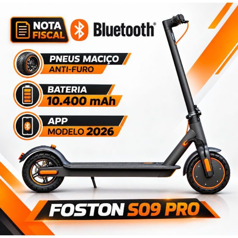 Patinete Elétrico Foston S09 Pro 2026 | 30km | Bluetooth | APP | 10400mAh C/ Pneus ant-furo Dobrável