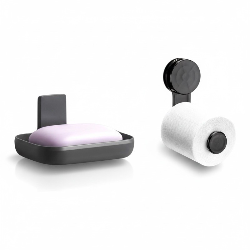 Kit Acessórios de Banheiro Preto 2 Peças Slim-Saboneteira Adesiva+Suporte Parede porta papel higiênico com adesivo