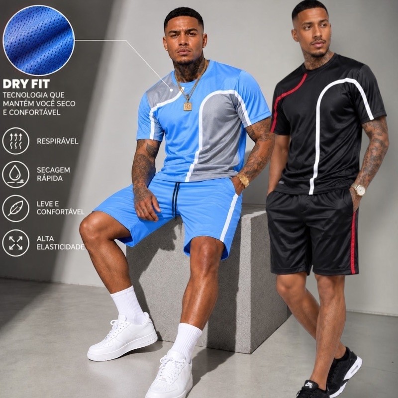 Conjunto Masculino Dry Fit Academia Camiseta + Bermuda Esportivo Fitness Treino Corrida Premium