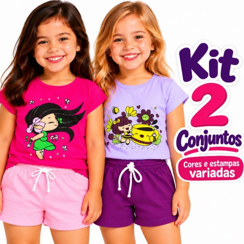 Conjunto Infantil Menina Verão Kit 4 Peças de Roupa Feminina 2 Conjuntos de Camiseta Manga Curta e Shorts Moletinho