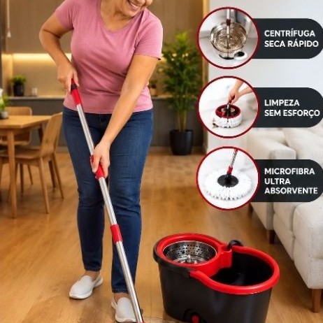 Mop giratório 360° com Balde, Rodas e Alça + mais refil - limpeza Facil e Prática.