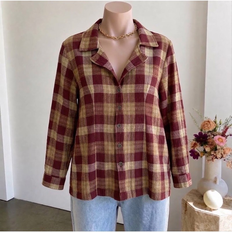 Camisa Xadrez Vermelha e Mostarda Feminina Tamanho G Casual Chic Estilosa Confortável Moda Inverno Versátil