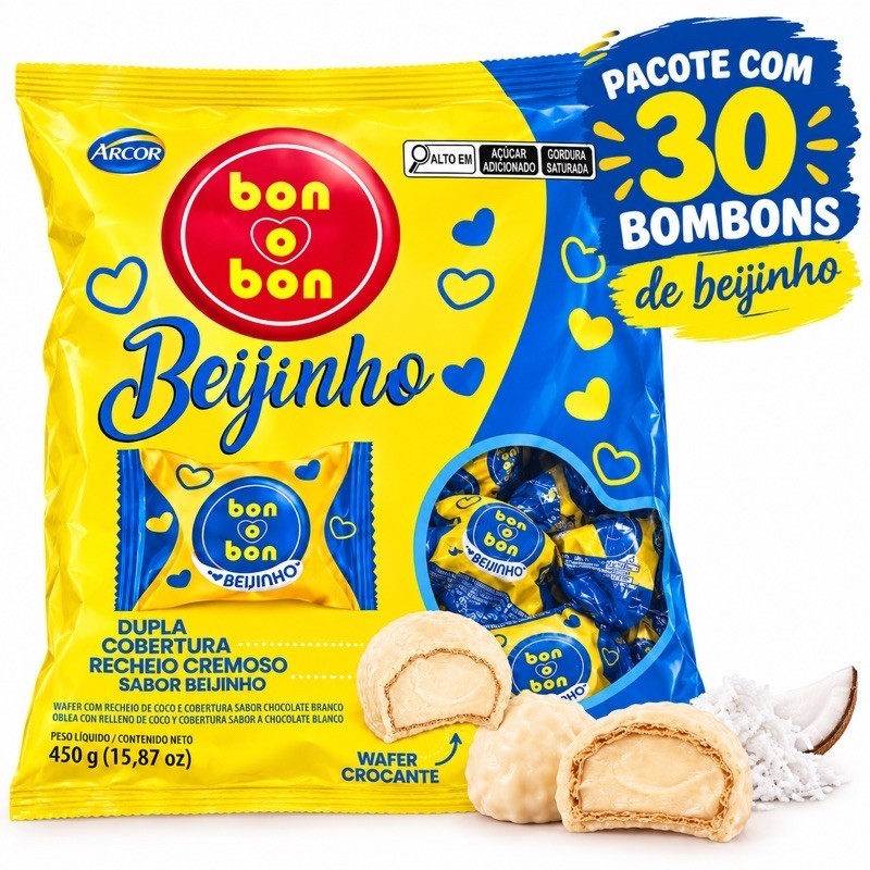 Bon O Bon Bombom Beijinho Pacote 450g Com 30 unidades - Arcor