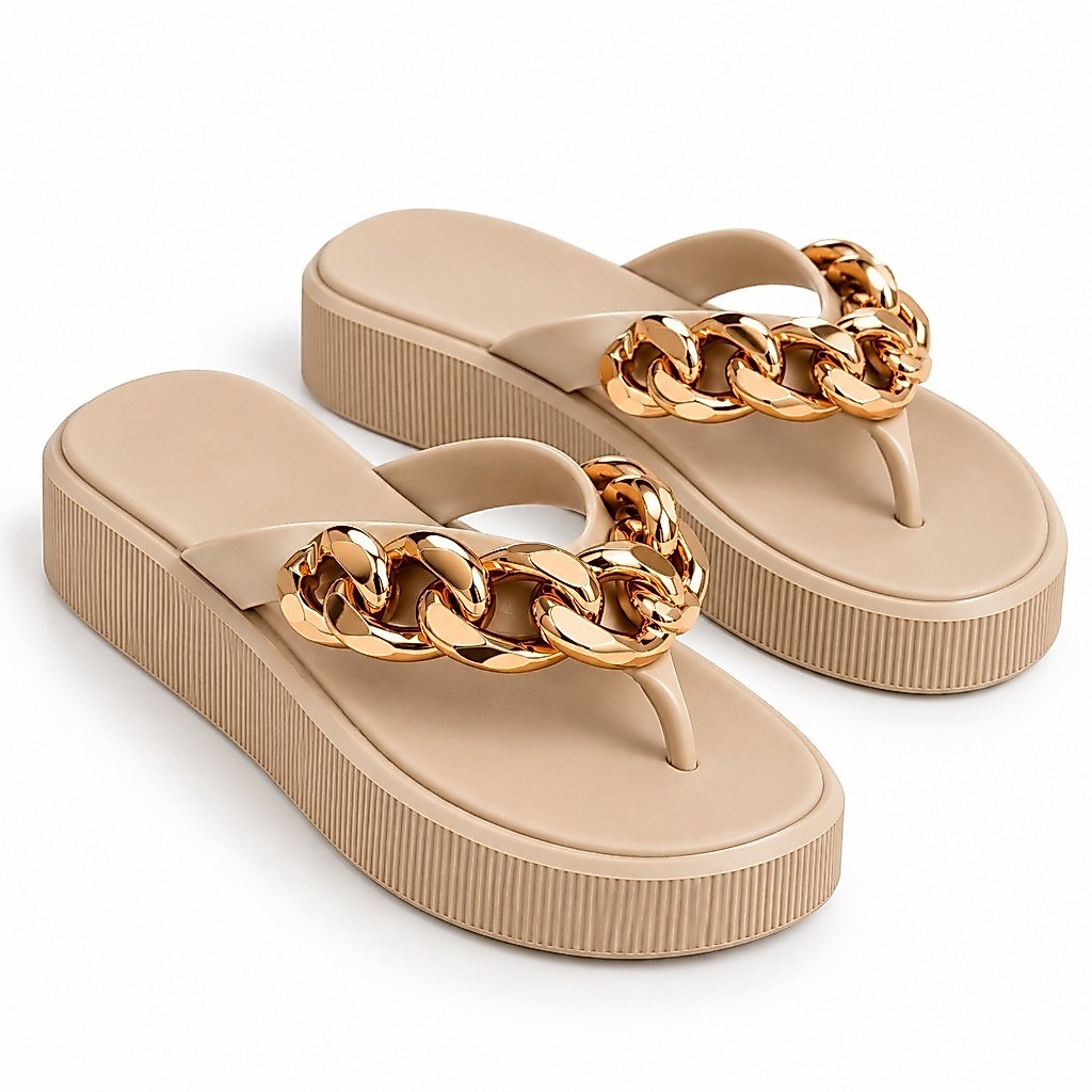 Chinelo Plataforma Feminino Capri Flatform EVA com Corrente Dourada Chinelo de Dedo Leve Confortável Casual