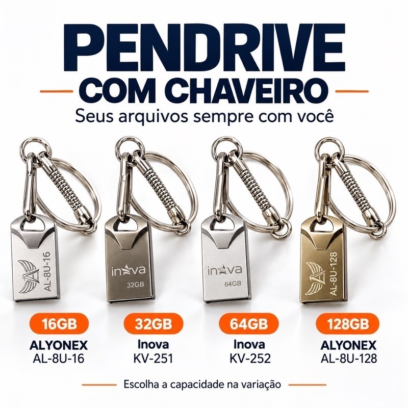Pendrive USB Metálico com Chaveiro 16GB 32GB 64GB 128GB para Arquivos Fotos e Músicas