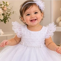 Vestido festa infantil branco perolas bebe daminha primeira comunhão Rn a 12 meses