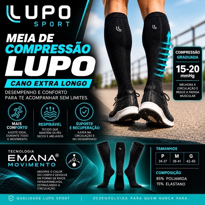 Meia Compressão Lupo Sport Veneza Emana Cano Extra Longo 15-20 mmHg Corrida Academia Viagem