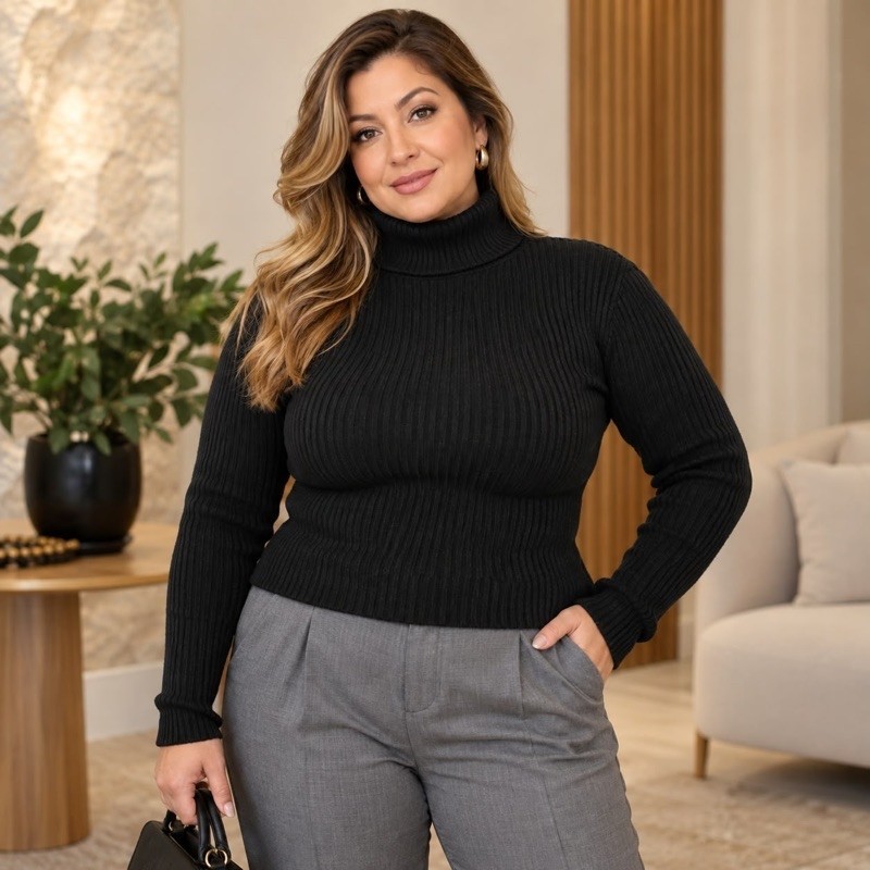 Cacharrel Feminina Tricô Gola Alta Inverno Blusa Canelada Quentinha Veste 40 ao 48