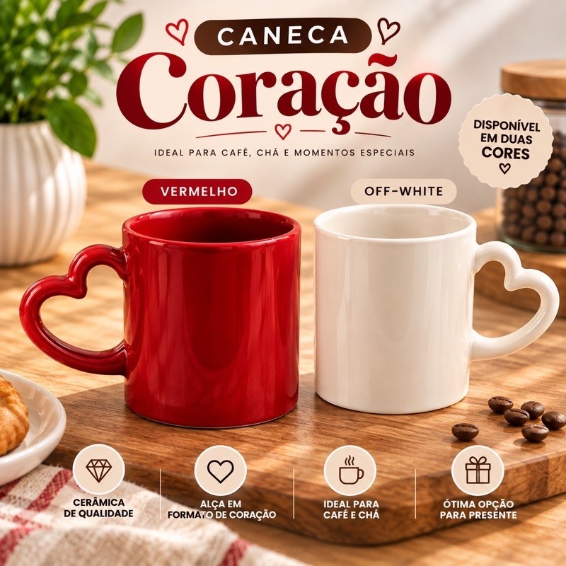 Caneca Coração 200ml Cerâmica Premium Bordô ou Off white Alça Coração Xícara Café Chá Presente Casal Dia dos Namorados